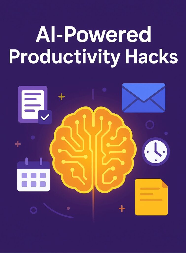 AI-powered productivity hacks illustration with a glowing brain, calendar, emails, and task icons symbolising smart work efficiency.