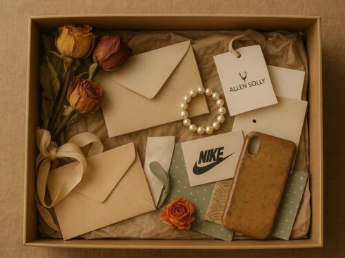 A box which contains items like- clothing tags, bracelet, hairpins, phone cover, and a bunch of dried roses and an envelope – this shows the psychology of sentimental collecting.