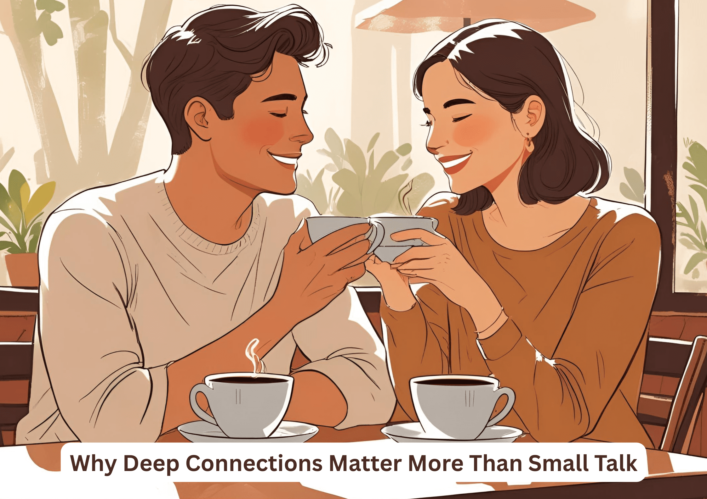 two people sitting together with mugs of coffee having deep conversation