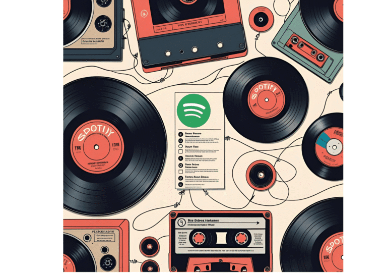 “Music as a Time Machine & Connection” A collage-style illustration: vinyl records, cassette tapes, the Spotify playlist interface, and glowing threads of sound stretching across diffrent devices — symbolising how music is my therapy and preserves memories and bridges distance.