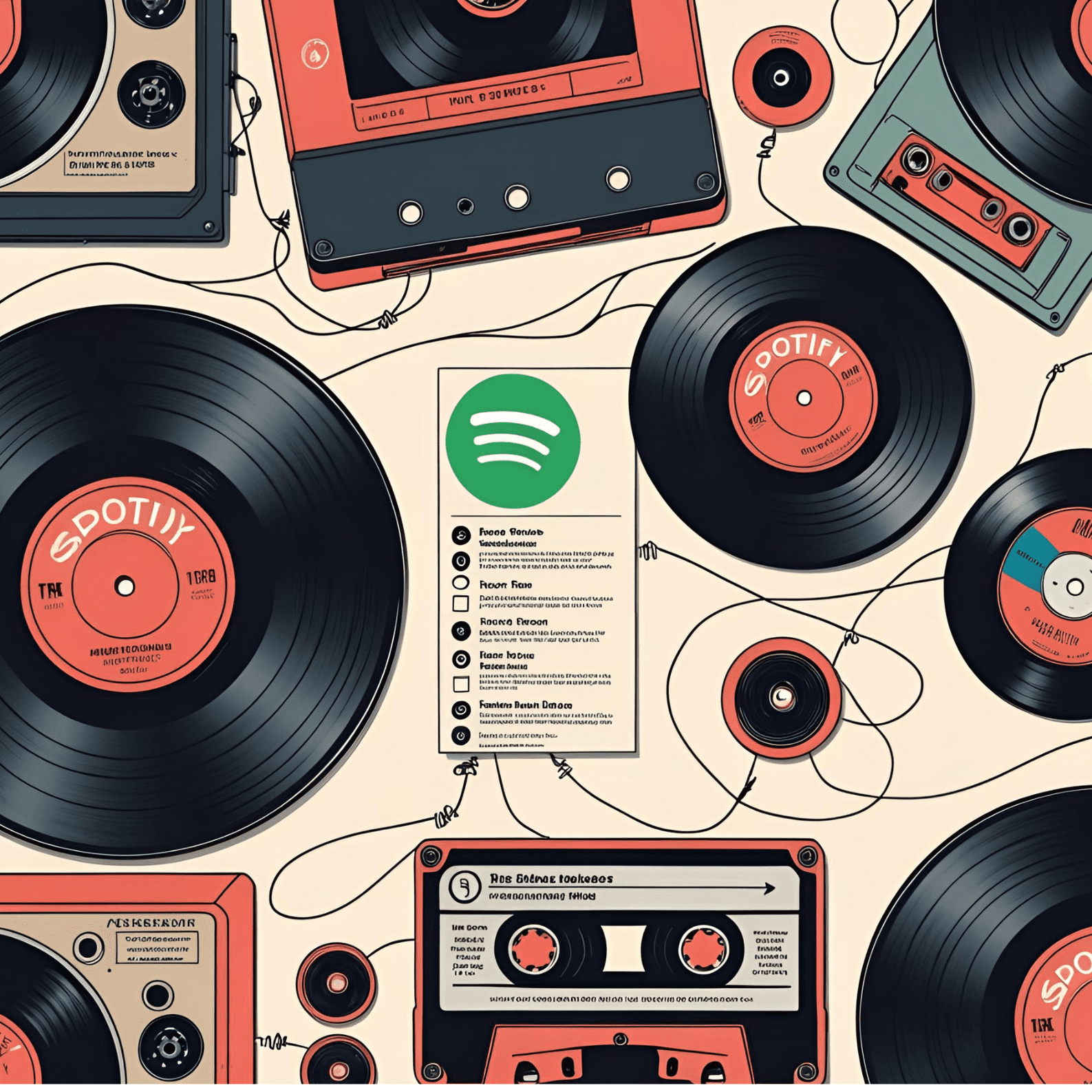 “Music as a Time Machine & Connection”
A collage-style illustration: vinyl records, cassette tapes, the Spotify playlist interface, and glowing threads of sound stretching across different devices — symbolising how music preserves memories and bridges distance.
