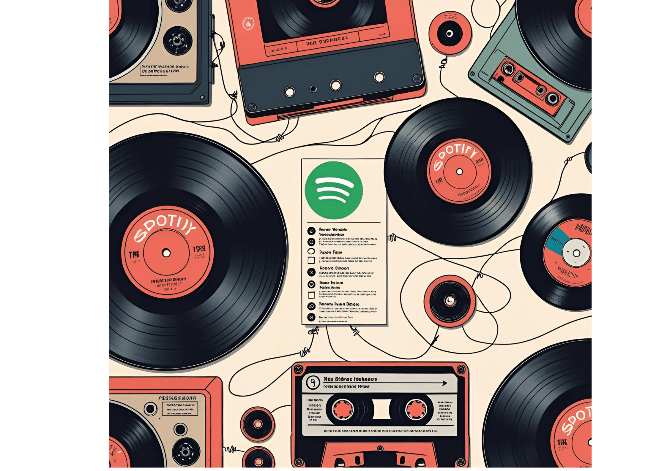 “Music as a Time Machine & Connection” A collage-style illustration: vinyl records, cassette tapes, the Spotify playlist interface, and glowing threads of sound stretching across diffrent devices — symbolising how music is my therapy and preserves memories and bridges distance.