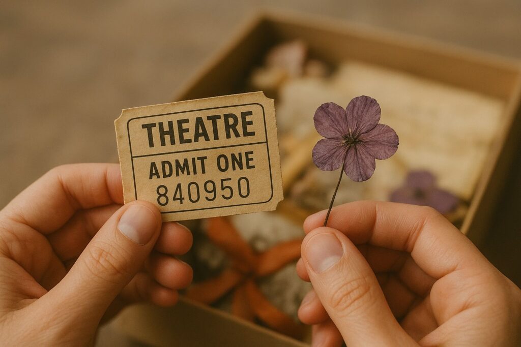 A close-up of someone’s hands holding an old movie ticket or pressed flower. symbolises sentimental collecting