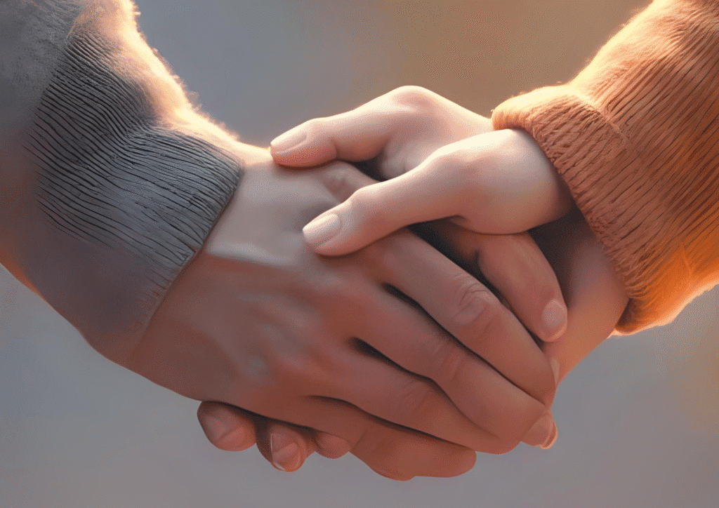 two hands holding each other gently; deep connection brings trust, safety and belonging.