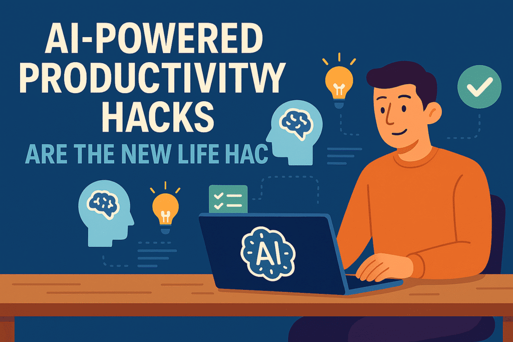 Horizontal flat‑style illustration showing a young man with short dark‑purple hair at a wooden desk using a laptop with a white “AI” brain logo on screen. Bold headline “AI‑Powered Productivity Hacks” and subheadline “Are the New Life Hack” appear on the left against a deep‑blue background. Around him float icons of a human‑head silhouette with brain, a glowing light bulb, a green checkmark, and a teal checklist, all connected by dotted lines.