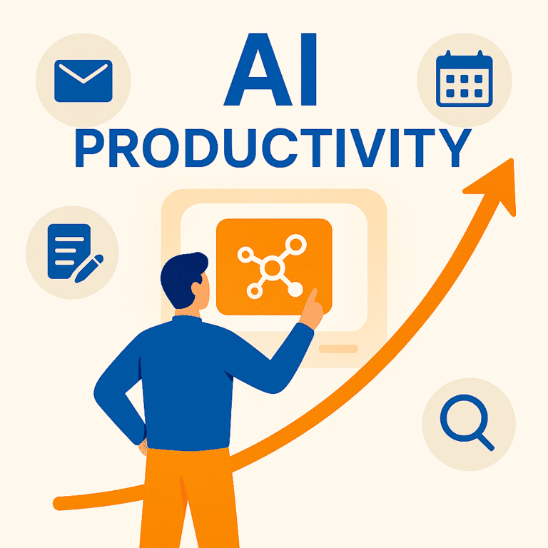 Flat‑style digital illustration showing a person in a blue shirt and orange pants standing before a large glowing AI interface, surrounded by icons for email, calendar, writing, and research, with an upward orange arrow symbolizing growth and productivity.