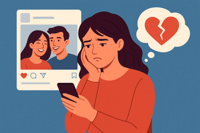 Digital illustration showing the illusion of social media with a person scrolling on their phone surrounded by fake perfect posts, highlighting online comparison.