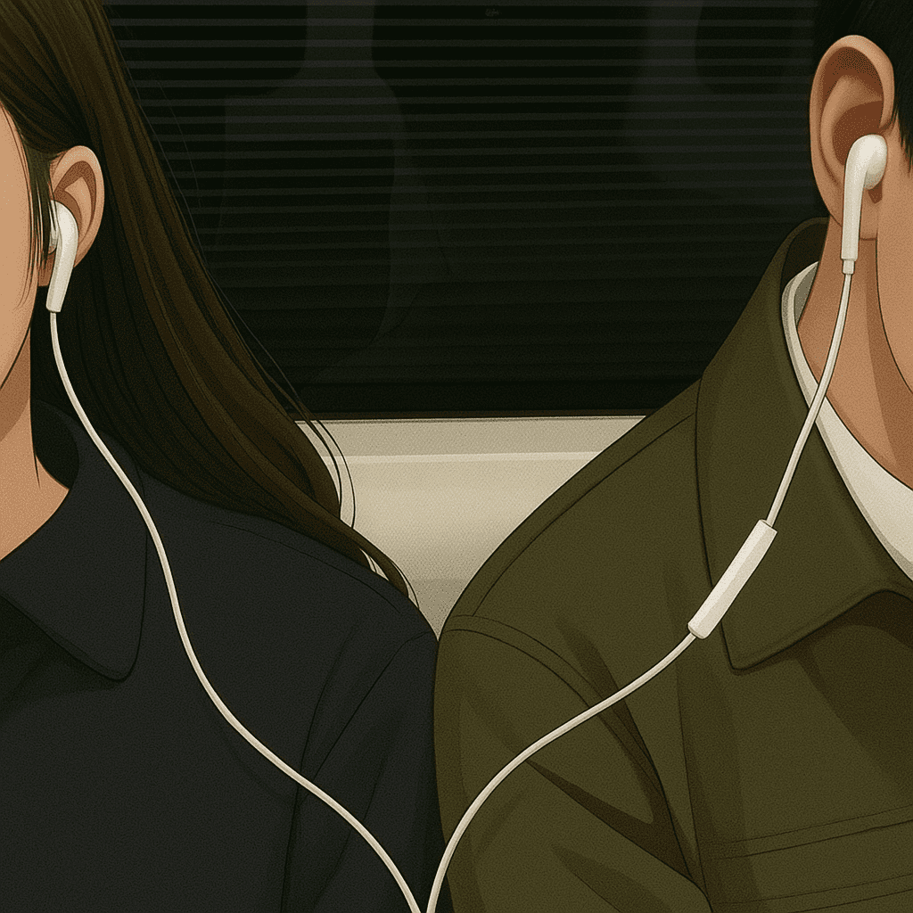 Two people, a girl and a boy, sitting in a bus sharing one wired earphone. shows music is my therapy,  