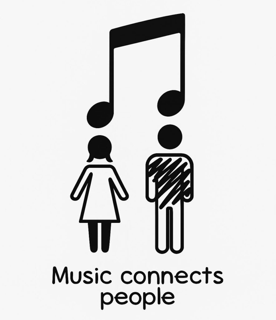 Infographic: show a music icon, a girl and a boy. a text: music connects people. 
