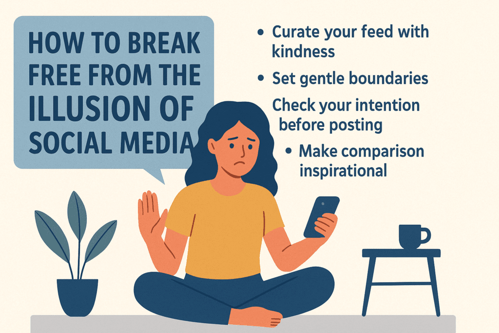 A flat-style digital illustration of a young person peacefully walking outside in nature, leaving behind floating social media icons, symbolising breaking free from the illusion of social media through mindfulness and real-life presence.