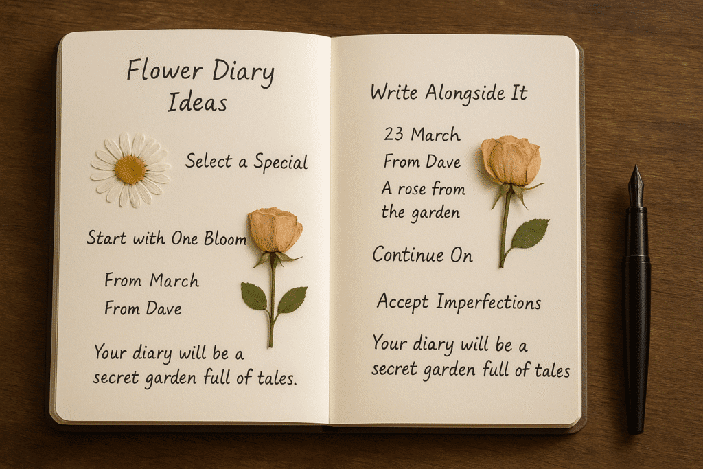 An open flower diary resting on a rustic wooden surface, with pressed flowers and handwritten notes visible on the pages.