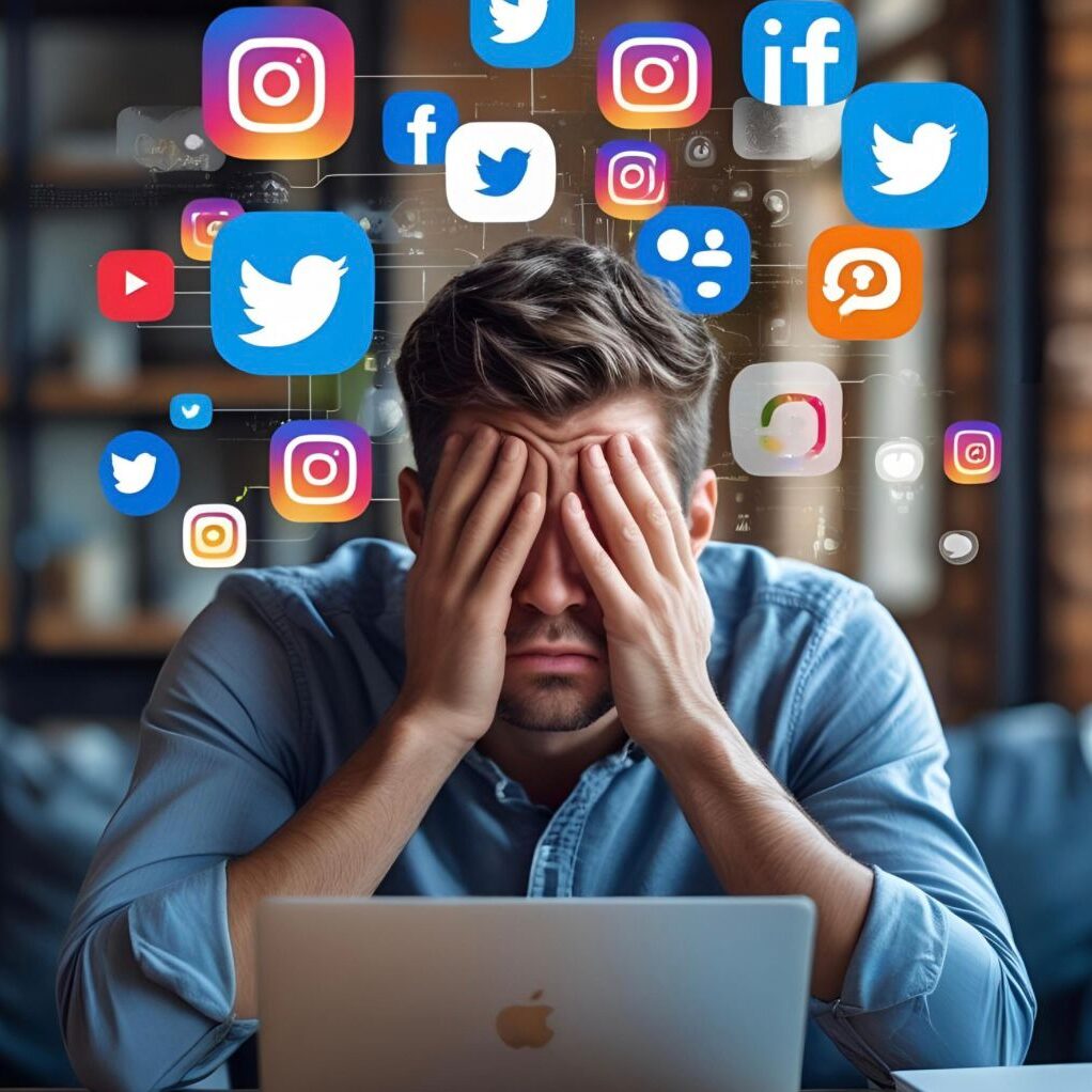 A man sits at a desk, face buried in his hands, surrounded by floating social media icons—Twitter, Instagram, Facebook, YouTube, and LinkedIn—suggesting digital overwhelm. The soft-lit indoor setting contrasts with the chaos around his head. A visual metaphor for burnout, hyperconnectivity, and the quiet urgency of a digital detox.