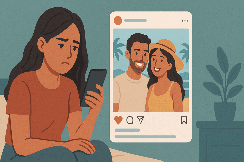 A horizontal flat digital illustration of a young woman sitting on her bed in pajamas, looking at her phone with a sad expression while colorful, perfect social media posts float around her, symbolizing the illusion of social media and comparison.
