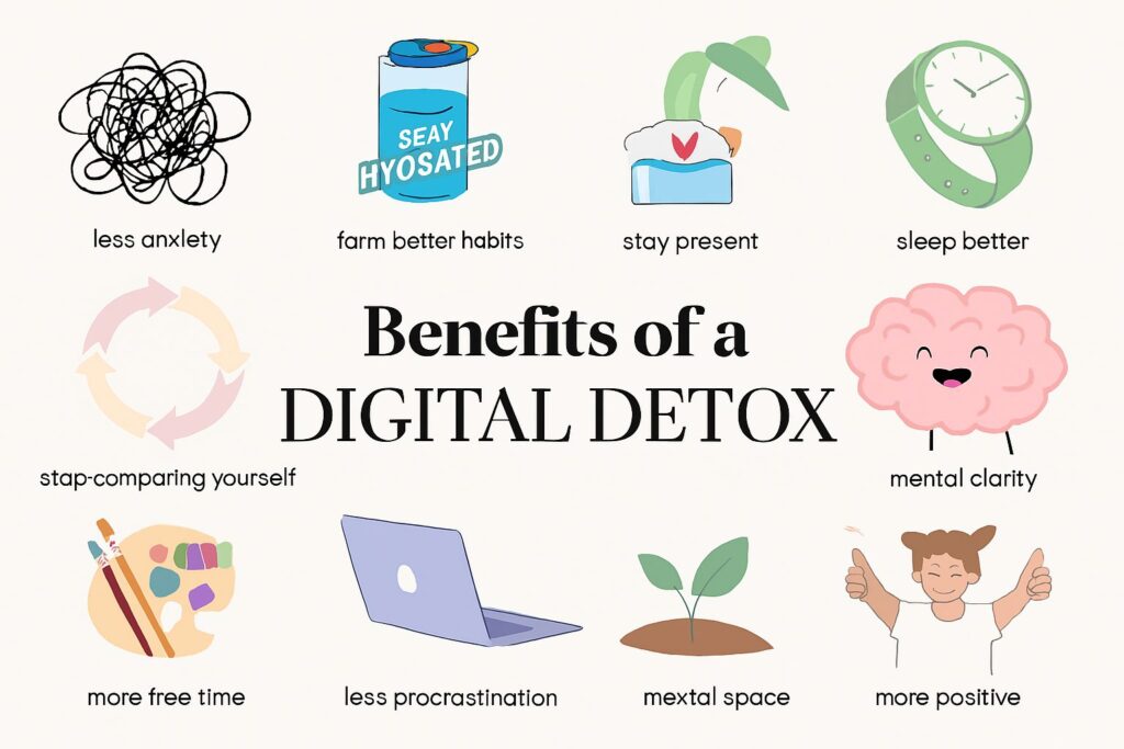 “Horizontal infographic titled ‘Benefits of a DIGITAL DETOX’ with eight colorful, minimalist illustrations in separate sections. Icons depict: tangled scribble for less anxiety; blue water bottle labeled ‘Stay Hydrated’ for forming better habits; green wristwatch for staying present; pink-orange looped arrow for stopping comparison; person sleeping in gray bed with pink pillow and heart for sleeping better; artist’s palette with paintbrushes for more free time; lavender laptop for less procrastination; smiling pink brain with raised arms for mental clarity; right-pointing arrow with loops for more mental space; and a smiling person in white t-shirt with raised thumbs for feeling more positive.”