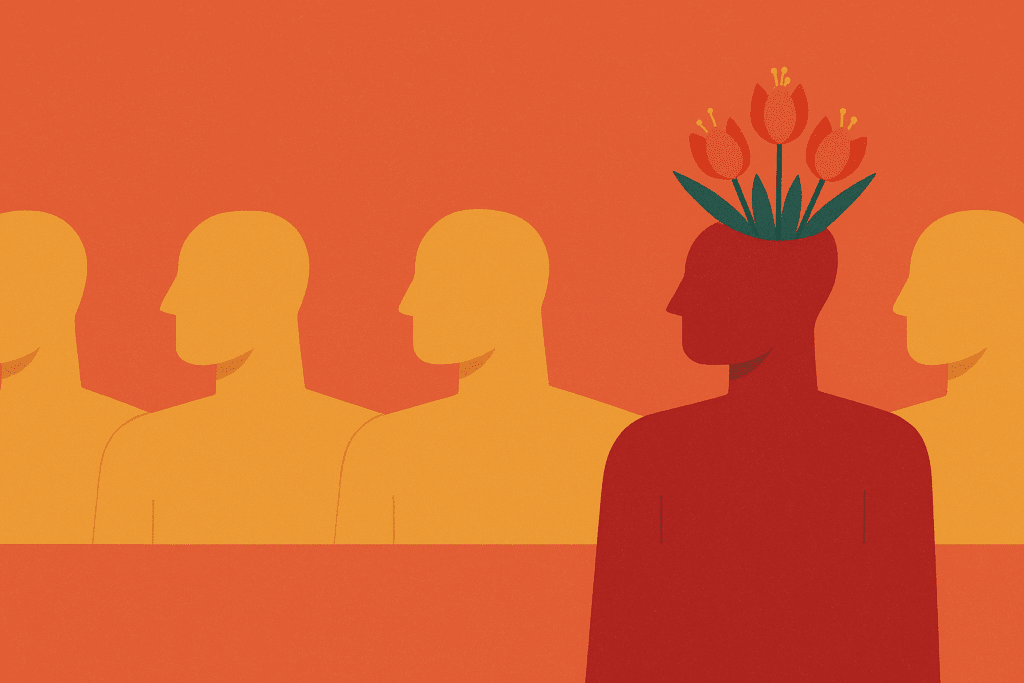 Illustration of five human silhouettes in warm tones, with one deep red figure standing out as tulips bloom from its head—symbolizing vantage sensitivity and emotional depth amidst conformity.