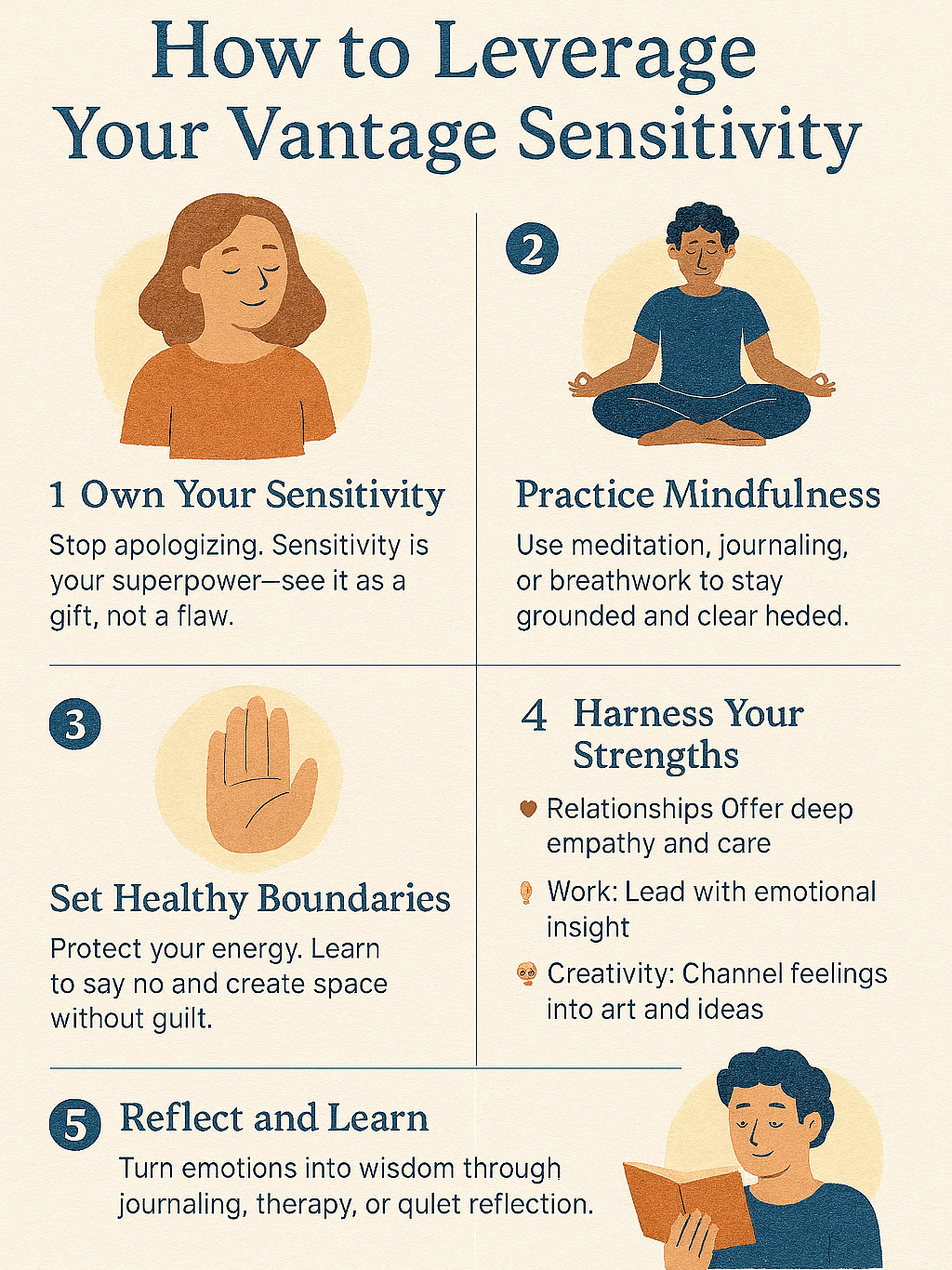 Infographic titled “How to Leverage Your Vantage Sensitivity”, offering five illustrated strategies to embrace emotional depth as a strength—through mindfulness, boundaries, reflection, and creative insight.
Let me know if you'd like platform-specific versions or a shorter one for accessibility tags.
