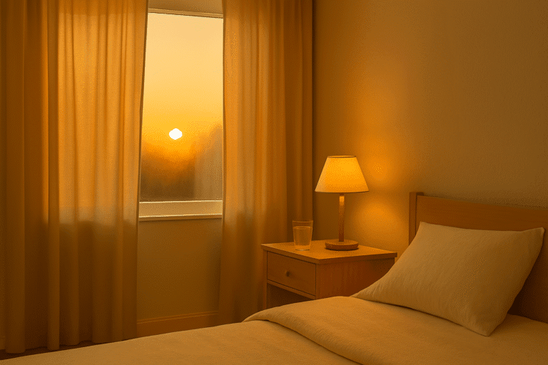 Sunrise through curtains in a cozy bedroom