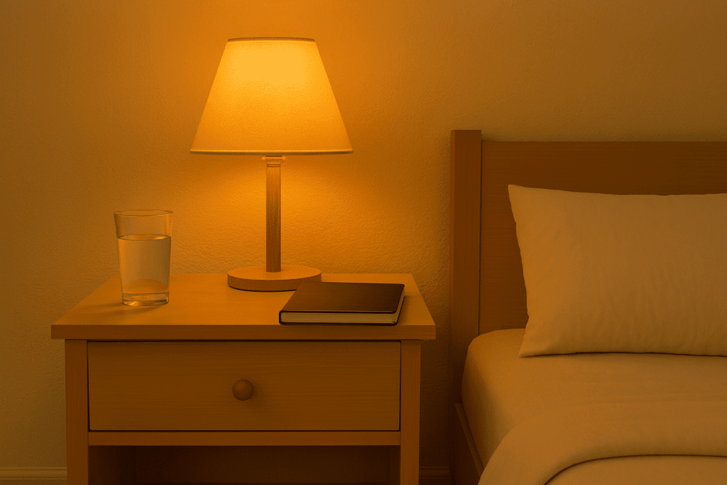 A clean nightstand with a glass of water, journal, and soft lamp light.
(Symbolizes winding down + setting the stage+ Morning Routine for Inner Calm