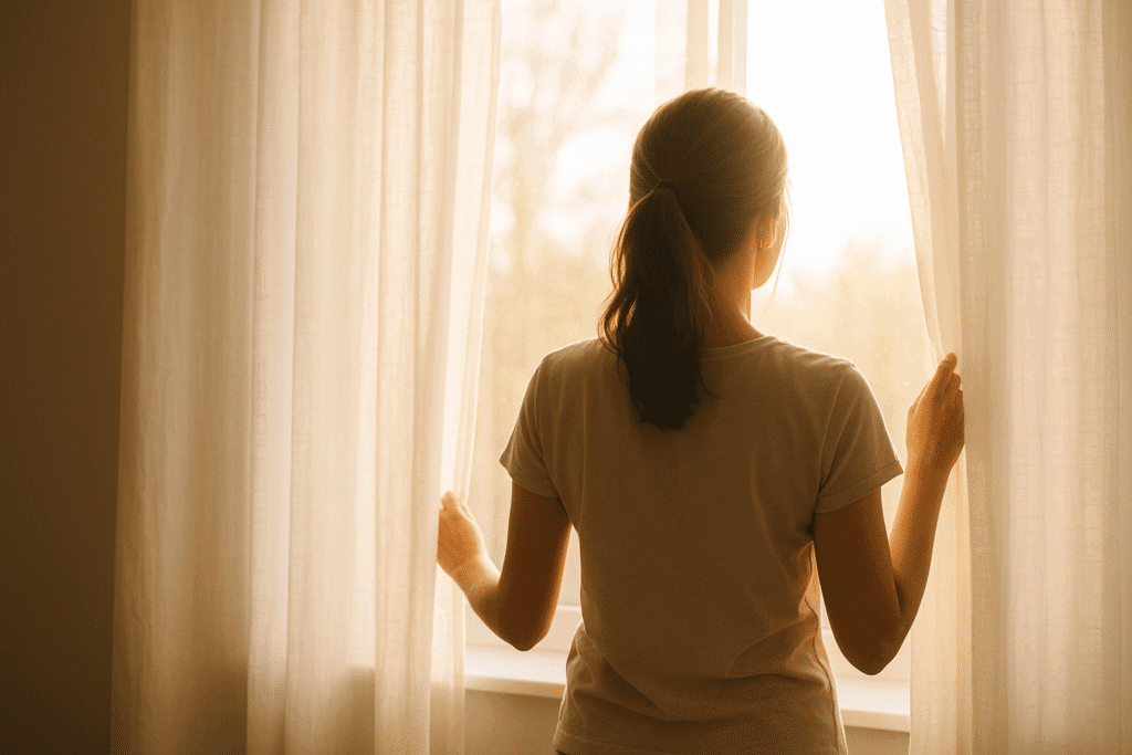 A young woman with light skin sits peacefully on a windowsill in soft morning light, holding a warm drink. She looks out the window with a calm expression, surrounded by a cozy, minimal setting that conveys stillness and a mindful start to the day.