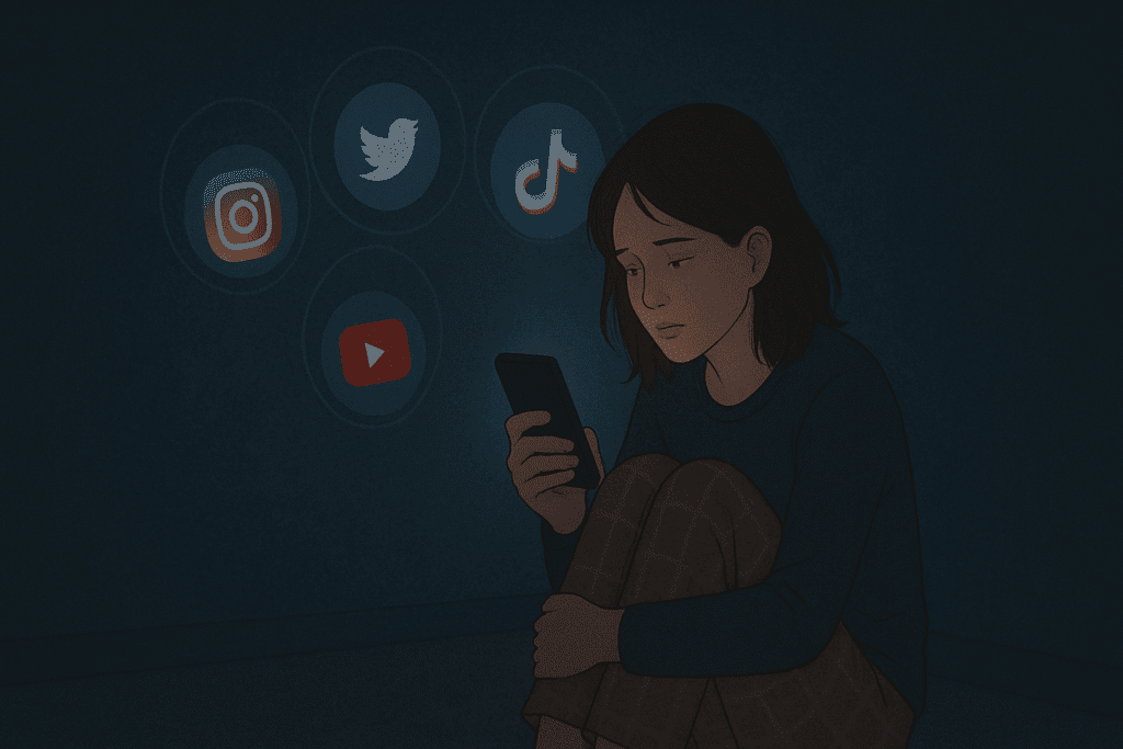 A person sitting in a dimly lit room, phone screen glowing on their face, surrounded by multiple floating social media icons (Instagram, TikTok, etc.) like a digital cage.showing the illusion of social media