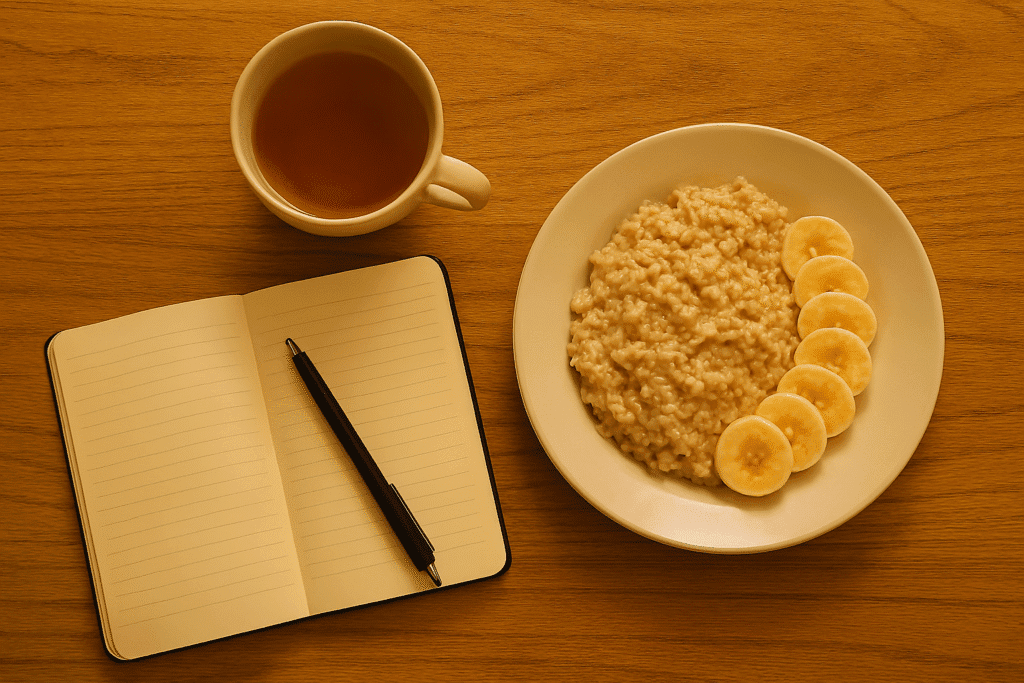 A flat lay on a wooden table: a journal opened to a fresh page, a pen placed diagonally, a steaming cup of herbal tea, and a bowl of oats topped with fruit. The composition is minimal yet rich, symbolizing calm, clarity, and nourishment.