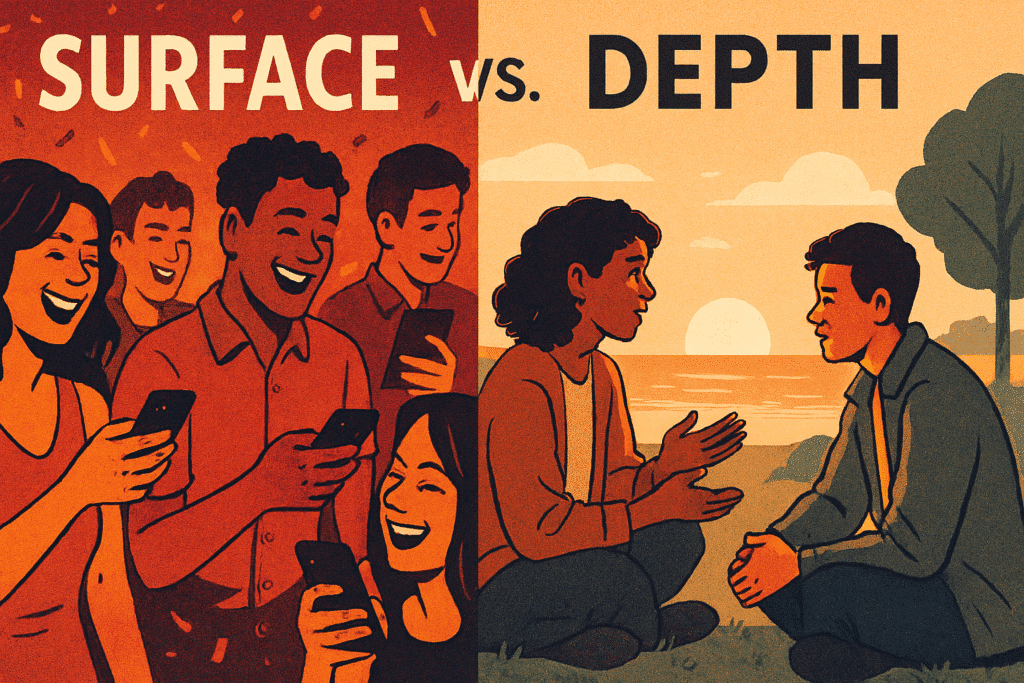 A group of people at a party laughing but distracted on their phones and two people sitting at beach having deep connection, talking deeply