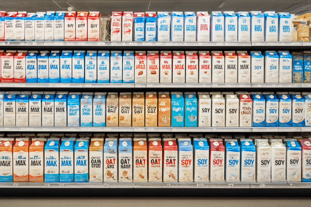 A quiet flood of choices—dairy, oat, almond, soy—lined up like promises, too many to hold.