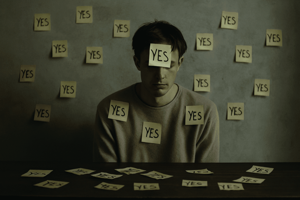 Overwhelmed person struggling to setting boundaries without guilt, surrounded by endless 'yes' requests.