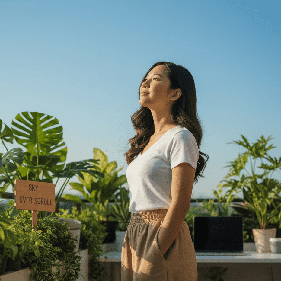 A quiet moment from Digital Detox Secrets — a person stands on a sunlit balcony, surrounded by lush plants, gazing skyward. A laptop rests behind them, but their hands stay in their pockets, choosing presence over productivity. The wooden sign reads: SKY OVER SCROLL.