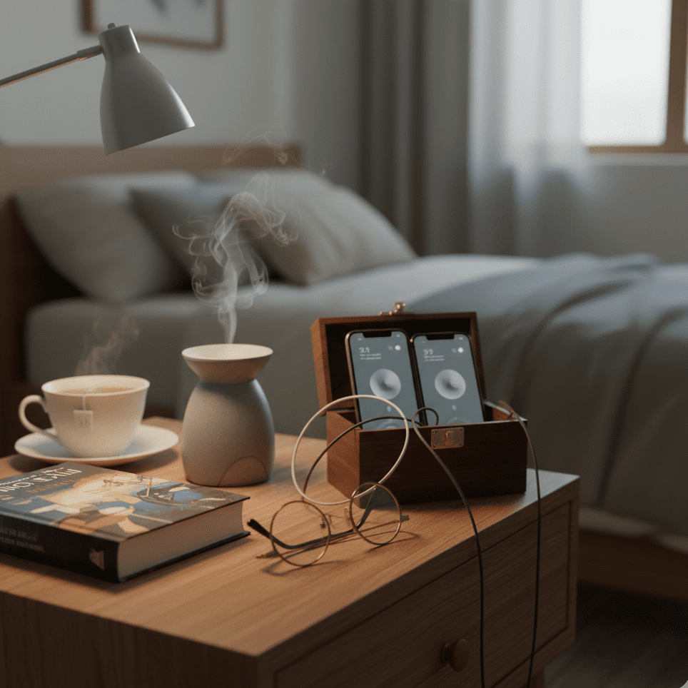 A warm vignette from Digital Detox Secrets — a wooden nightstand holds a steaming cup, eyeglasses, and a copy of The Psychology of Money. Two smartphones rest in a box, meditation screens aglow but untouched. Morning light filters in, inviting stillness over scroll.

