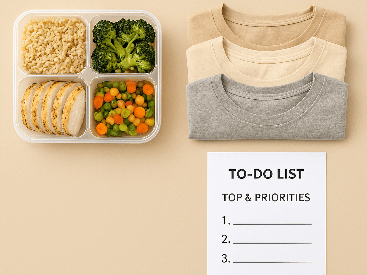Flat-lay of weekly essentials—meal-prep box, capsule wardrobe, and handwritten to-do list—arranged with soft clarity and quiet precision