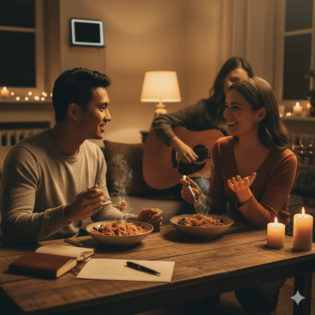 A warm, horizontal photo showing a couple playing a board game together in a cozy, sunlit living room, laughing and enjoying a real-life, screen-free moment. The scene emphasizes offline connection and meaningful 