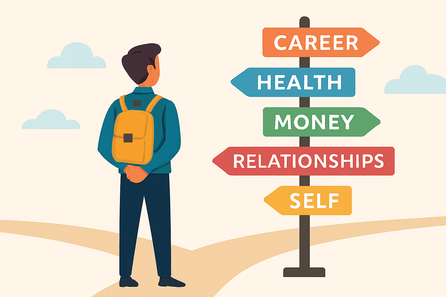 A person stands at a forked path, facing a tall signpost with colorful arrows labeled “Career,” “Health,” “Money,” “Relationships,” and “Self,” each pointing in different directions. Their mustard-yellow backpack and clasped hands suggest quiet contemplation, as soft clouds drift across a pale sky.