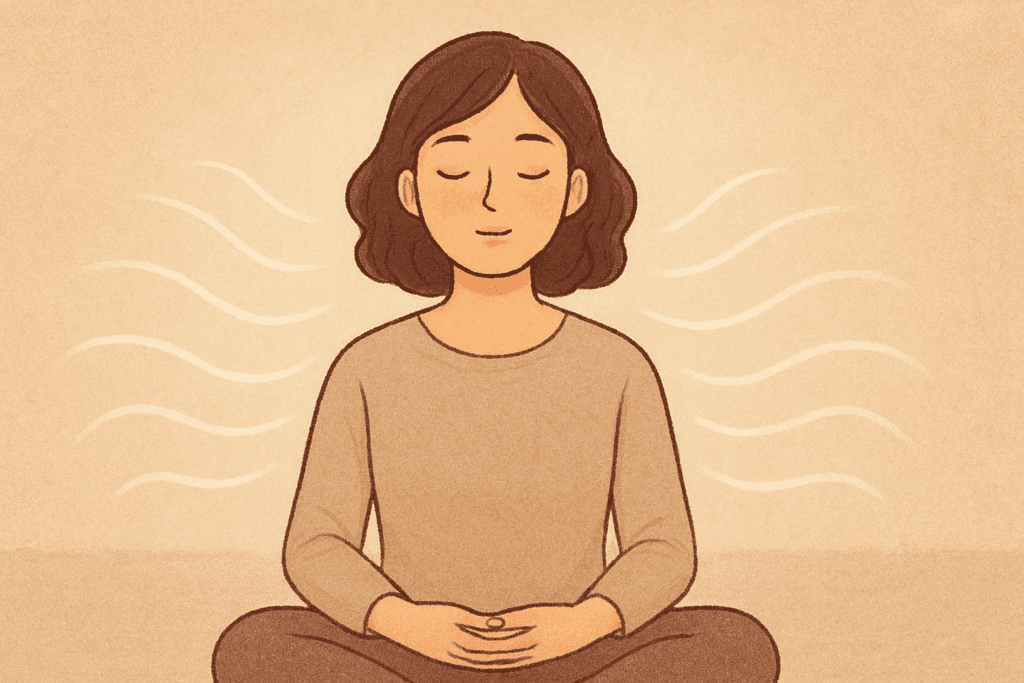 A calm figure sits cross-legged with eyes closed, surrounded by soft, wavy lines that symbolize slow, deep breathing. The warm, muted background and gentle posture evoke a sense of inner peace and self-regulation—like opening an Emotional First-Aid Kit for quiet restoration.
