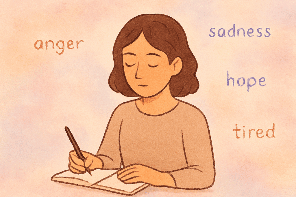 A person sits quietly journaling, eyes lowered in reflection, as soft emotion words—“anger,” “sadness,” “hope,” “tired”—float gently around them. The pastel-toned background evokes a sense of introspection and emotional acceptance, like opening an Emotional First-Aid Kit through quiet contemplation.
