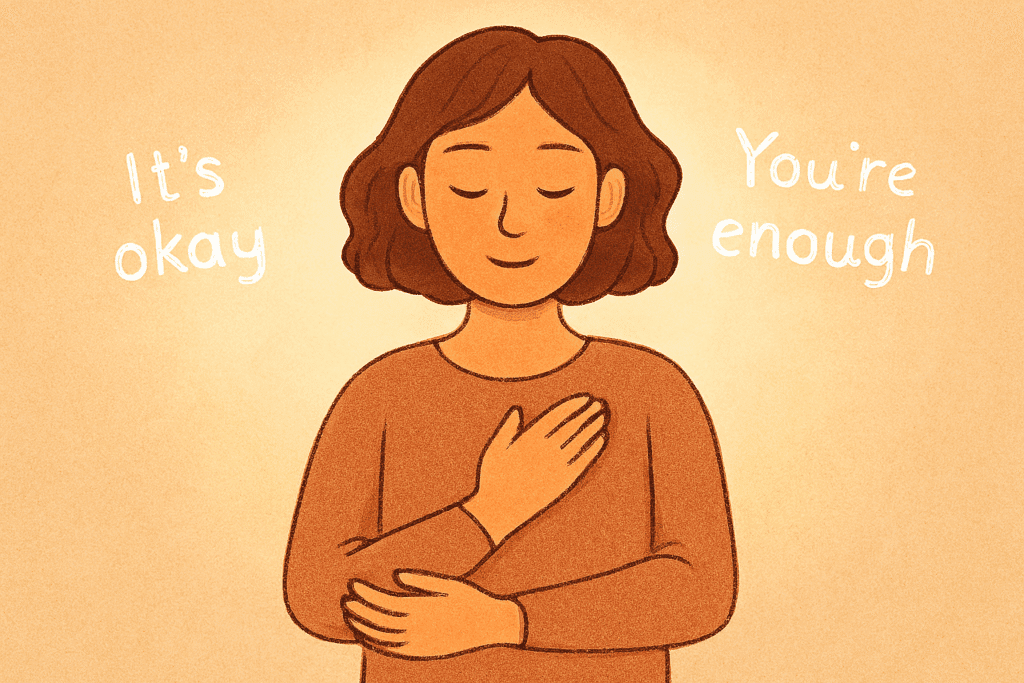  A person gently hugs themself, one hand resting over their heart, eyes closed in quiet reassurance. Soft light radiates around them, illuminating affirming phrases like “It’s okay” and “You’re enough”—a visual embodiment of warmth, kindness, and self-care from within.
