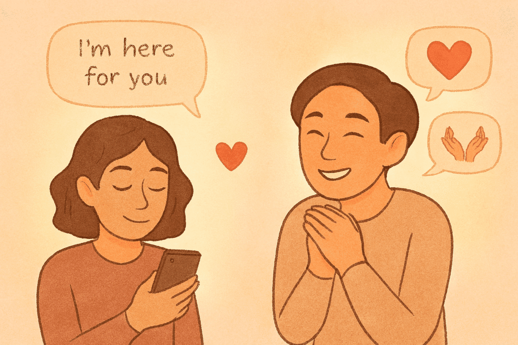 Two people exchange emotional support—one sends a message saying “I’m here for you,” while the other receives it with a relieved smile and clasped hands. Soft motifs like hearts, speech bubbles, and open hands float between them, illustrating connection, care, and the quiet power of reaching out.