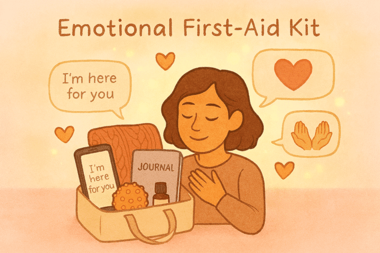 A warm-toned illustration of an open tote labeled “Emotional First-Aid Kit,” filled with comforting items: a cozy blanket, journal, stress ball, essential oil bottle, and a phone displaying “I’m here for you.” Soft hearts and glowing light surround the kit, evoking tenderness, hope, and self-compassion.