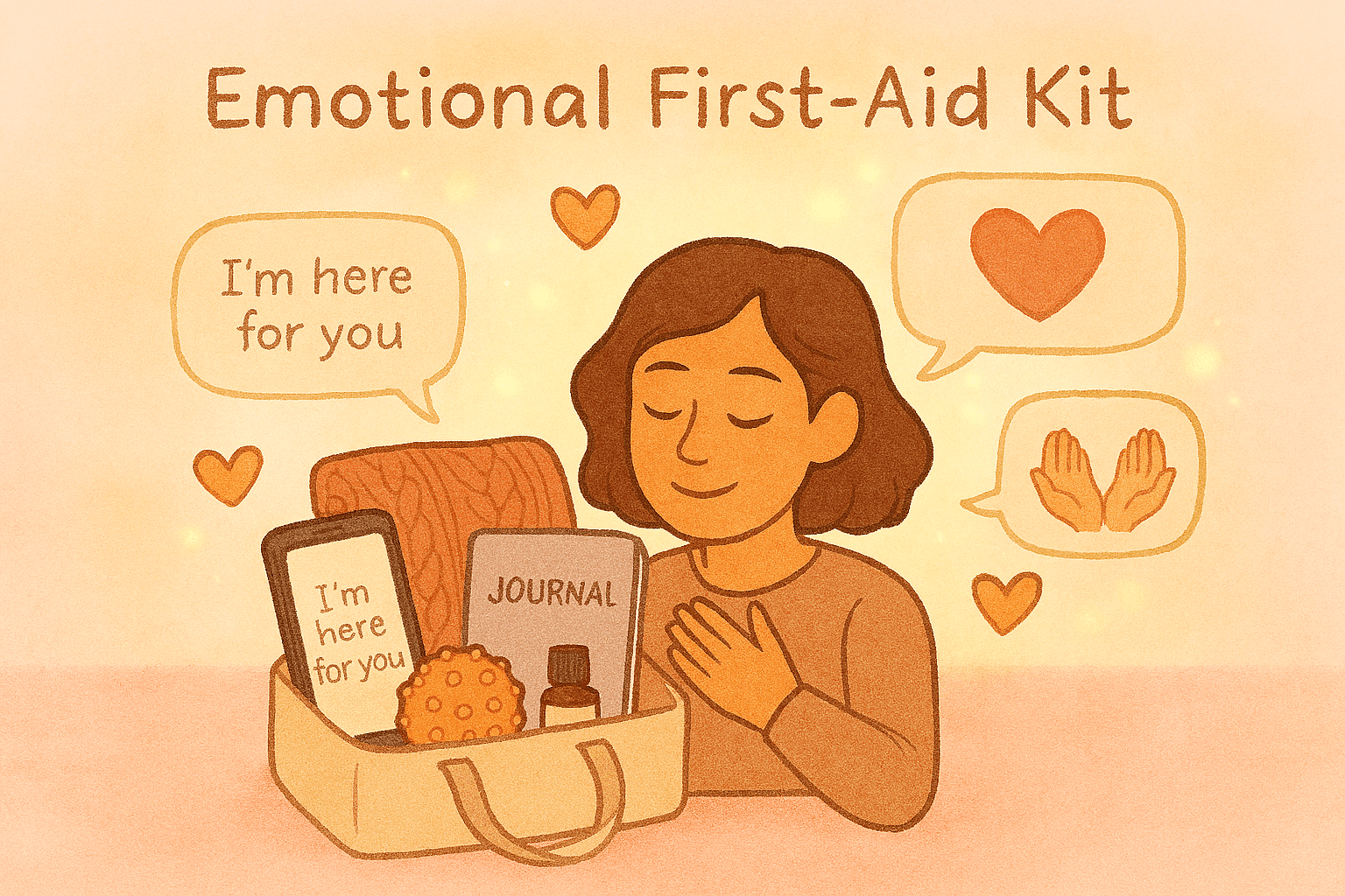 A warm-toned illustration of an open tote labeled “Emotional First-Aid Kit,” filled with comforting items: a cozy blanket, journal, stress ball, essential oil bottle, and a phone displaying “I’m here for you.” Soft hearts and glowing light surround the kit, evoking tenderness, hope, and self-compassion.
