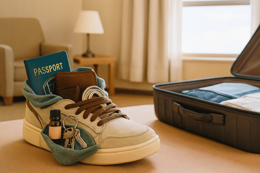 In a sunlit hotel room, a spacious sneaker sits beside an open suitcase, repurposed as a clever organiser. Inside the shoe, travel essentials—passport, wallet, charging cables, keys—are neatly tucked into a soft cloth lining. This cosy setup illustrates the Shoe-in-Safe Hack, blending practicality with warmth and readiness.
