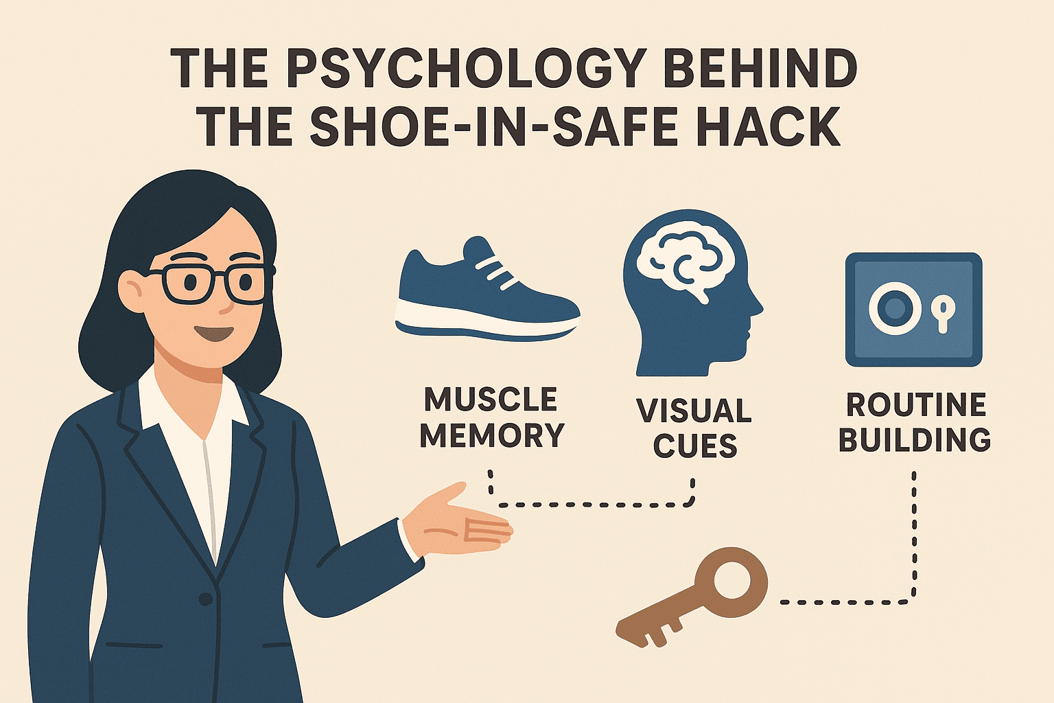 An infographic illustrating “The Psychology Behind the Shoe-In-Safe Hack.” It features a female travel consultant or behavioral psychologist explaining three psychological principles—muscle memory, visual cues, and routine building. Each concept is represented with icons: a shoe, a human head with a brain, and a safe with a keyhole. The design uses a beige background with blue and brown tones and a clean, horizontal layout.
