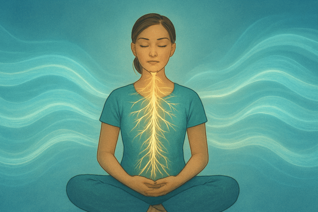A serene figure sits cross-legged in meditation, eyes closed, with soft waves of light flowing around them—symbolizing breath and calming energy. A glowing network along the spine and head illustrates the nervous system, visually linking breath to inner stillness. Horizontal composition evokes spaciousness and tranquility, ideal for illustrating a breathing technique.
