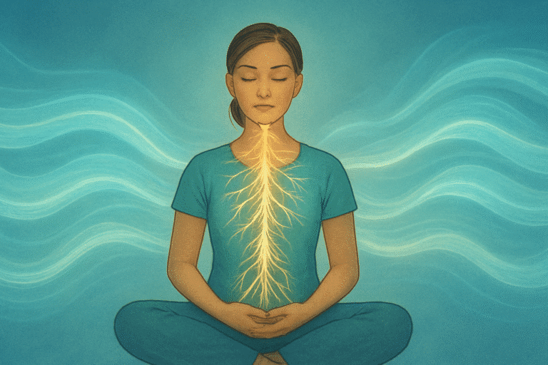A serene figure sits cross-legged in meditation, eyes closed, with soft waves of light flowing around them—symbolizing breath and calming energy. A glowing network along the spine and head illustrates the nervous system, visually linking breath to inner stillness. Horizontal composition evokes spaciousness and tranquility, ideal for illustrating a breathing technique.