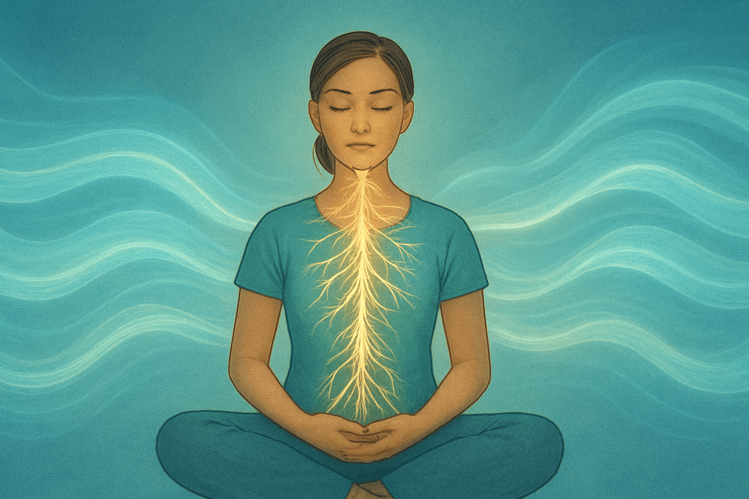 A serene figure sits cross-legged in meditation, eyes closed, with soft waves of light flowing around them—symbolizing breath and calming energy. A glowing network along the spine and head illustrates the nervous system, visually linking breath to inner stillness. Horizontal composition evokes spaciousness and tranquility, ideal for illustrating a breathing technique.