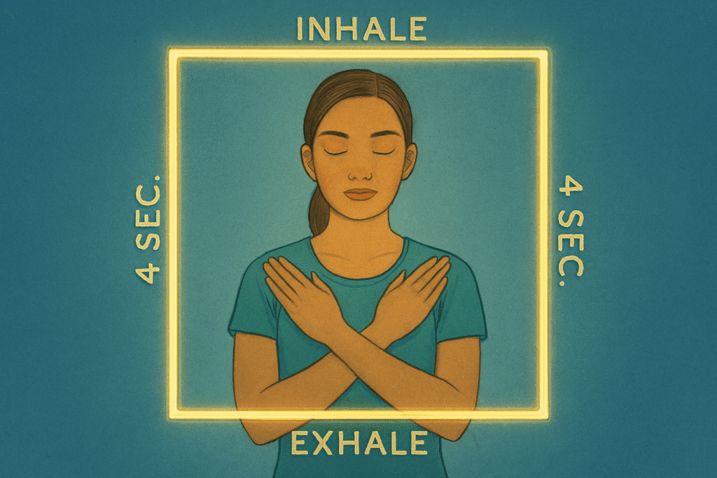 A focused person sits calmly with arms crossed over their chest, eyes closed, practicing a box breathing technique. A glowing square surrounds them, each side labeled “Inhale,” “Hold,” “Exhale,” and “Hold,” with “4 sec.” at each corner—visually representing the rhythm and control of this breathing technique. The horizontal layout and soft blue tones evoke steadiness and inner balance.
