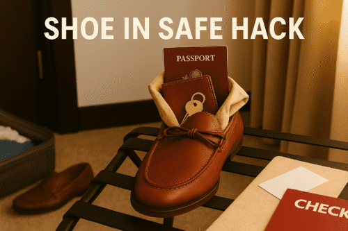 A neatly arranged scene featuring a brown leather loafer on a black luggage rack in a hotel room. Inside the shoe are a passport, a leather wallet, and a key, all partially tucked into a beige cloth. The text “SHOE IN SAFE HACK” appears clearly above the shoe in bold white letters against a softly lit beige background.