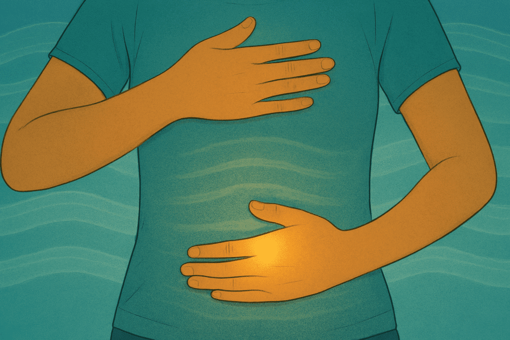 Close-up of two warm-toned hands resting on a teal shirt—one on the chest, the other on the belly—demonstrating deep belly breathing. Soft horizontal waves ripple across the abdomen, subtly illustrating the rise and fall of breath. The image conveys relaxation and proper breathing technique through gentle motion and harmonious colour.
