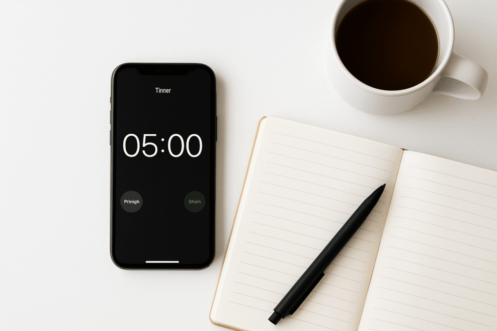 The 5-minute rule hack is illustrated with a minimalist workspace featuring a phone timer set to 5:00 beside a notebook, pen, and coffee cup, symbolising how small starts beat procrastination.
