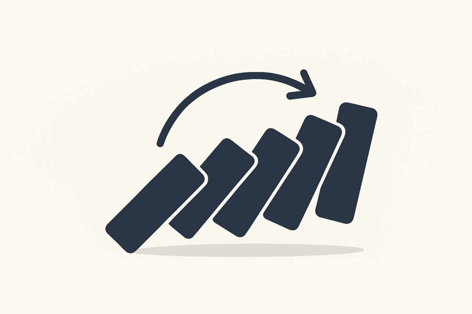 An illustration of a small domino starting a chain reaction of larger dominos falling. Style: flat modern vector or sleek infographic look. (Visually shows how 5 minutes can snowball into major progress.)