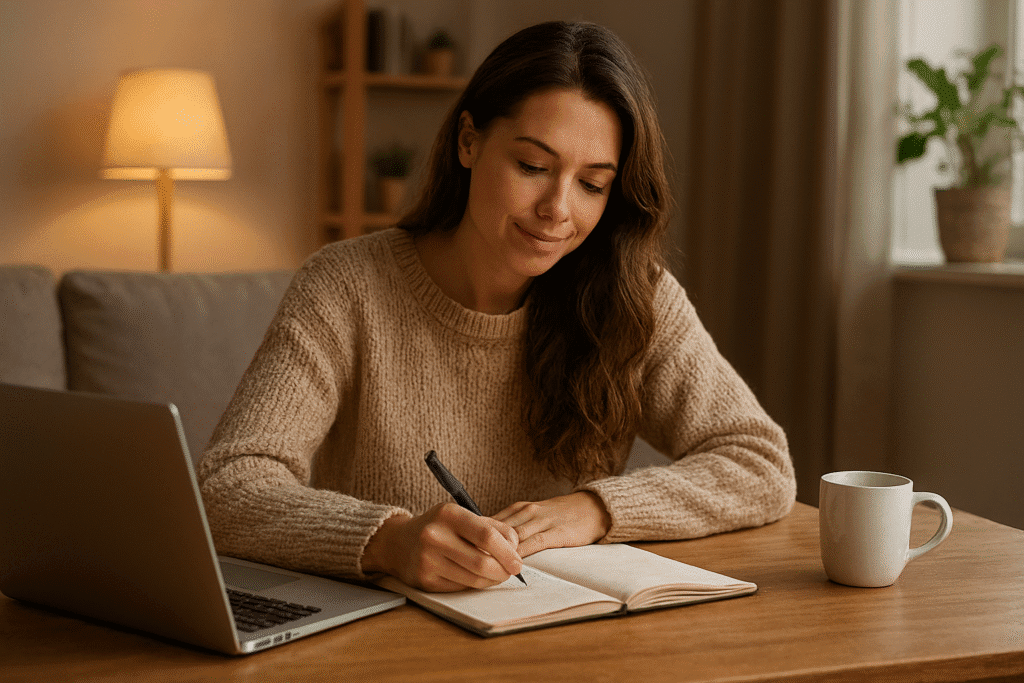 A young woman sits at a wooden table in a softly lit living room, writing in a notebook with a gentle focus. She wears a cozy beige sweater, surrounded by a laptop, a warm mug, and natural light filtering through curtains. The scene evokes a quiet shift from procrastination to flow—where comfort meets momentum, and small actions begin to reshape identity.